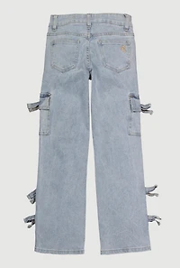 Girls VIP Bow Detail Straight Leg Cargo Jeans, Blue, Size 14