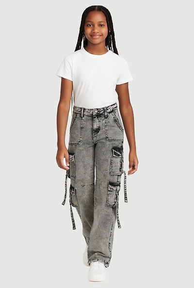 Girls VIP Mineral Wash Utility Jeans, Grey,
