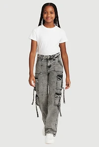 Girls VIP Mineral Wash Utility Jeans, Grey,