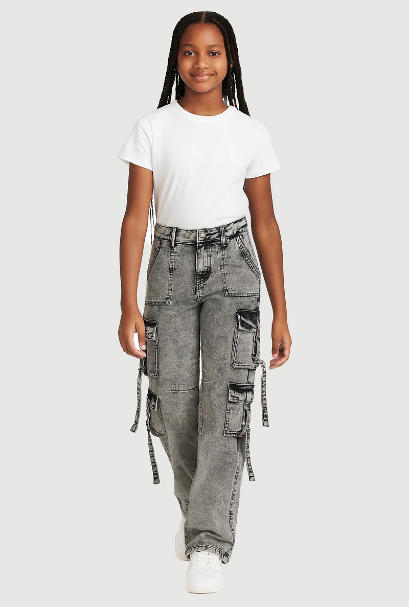 Girls VIP Mineral Wash Utility Jeans, Grey, Size 12