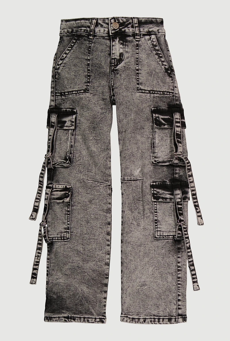 Girls VIP Mineral Wash Utility Jeans, Grey,