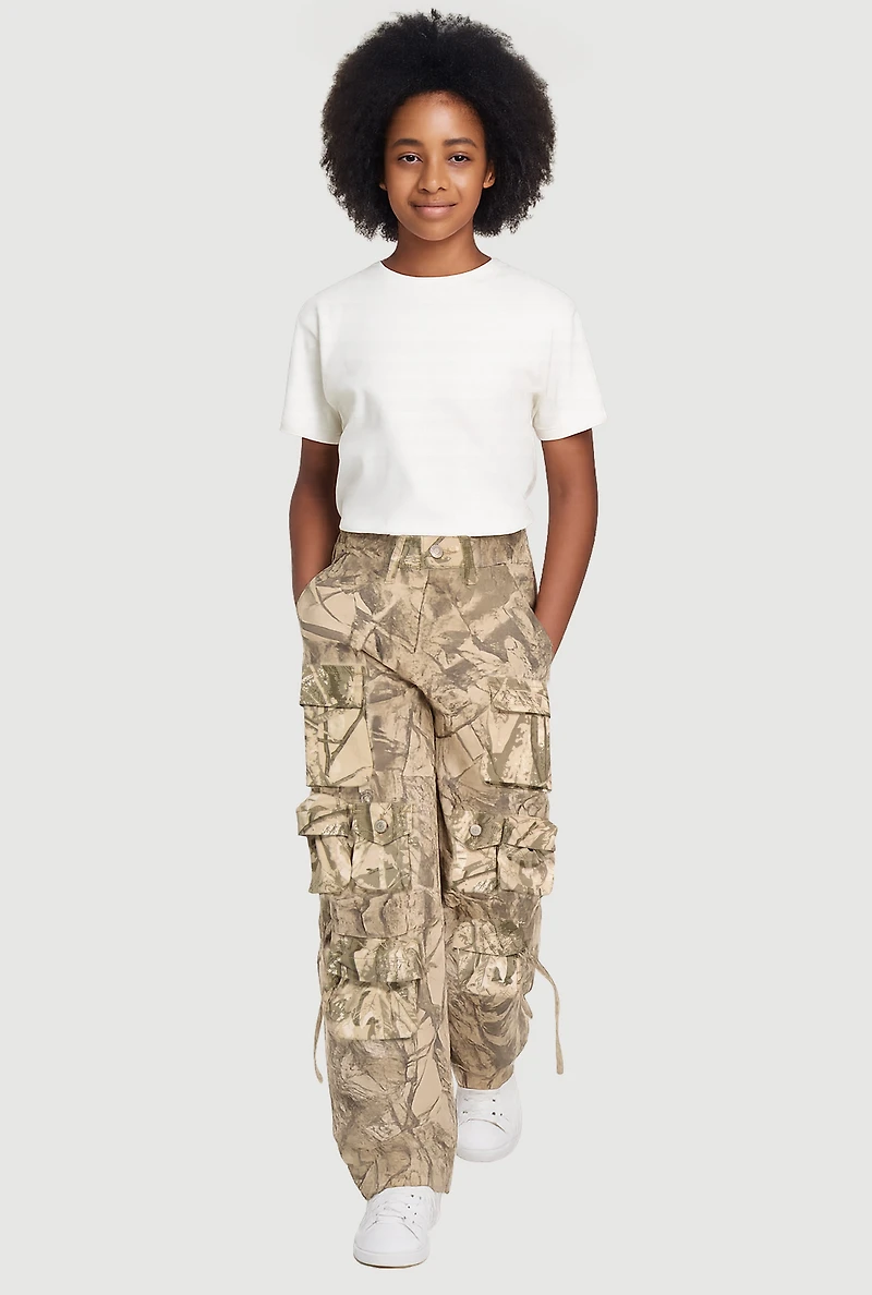 Girls Hunter Camo Straight Leg Cargo Pants, Beige, Size 8