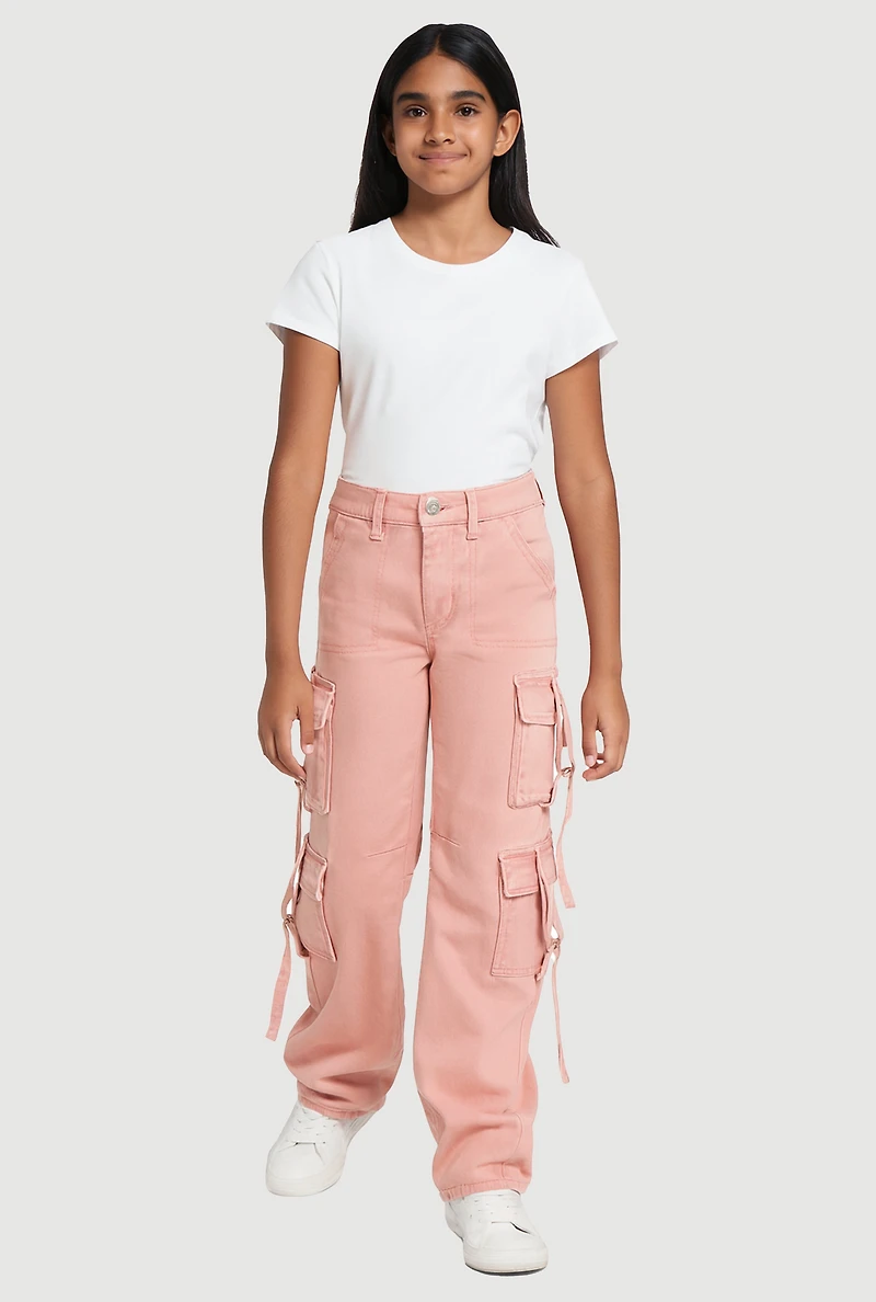 Girls Acid Wash Straight Leg Cargo Pocket Jeans, Pink,