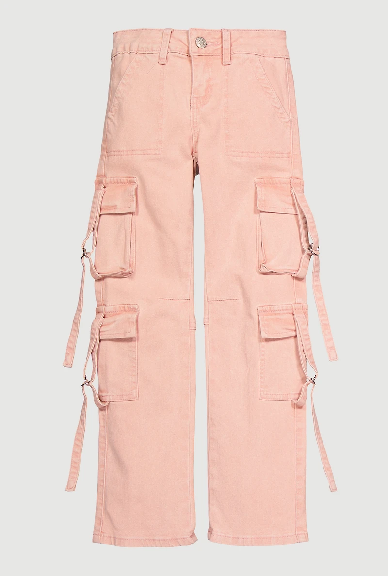 Girls Acid Wash Straight Leg Cargo Pocket Jeans, Pink,