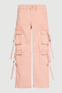 Girls Acid Wash Straight Leg Cargo Pocket Jeans, Pink,