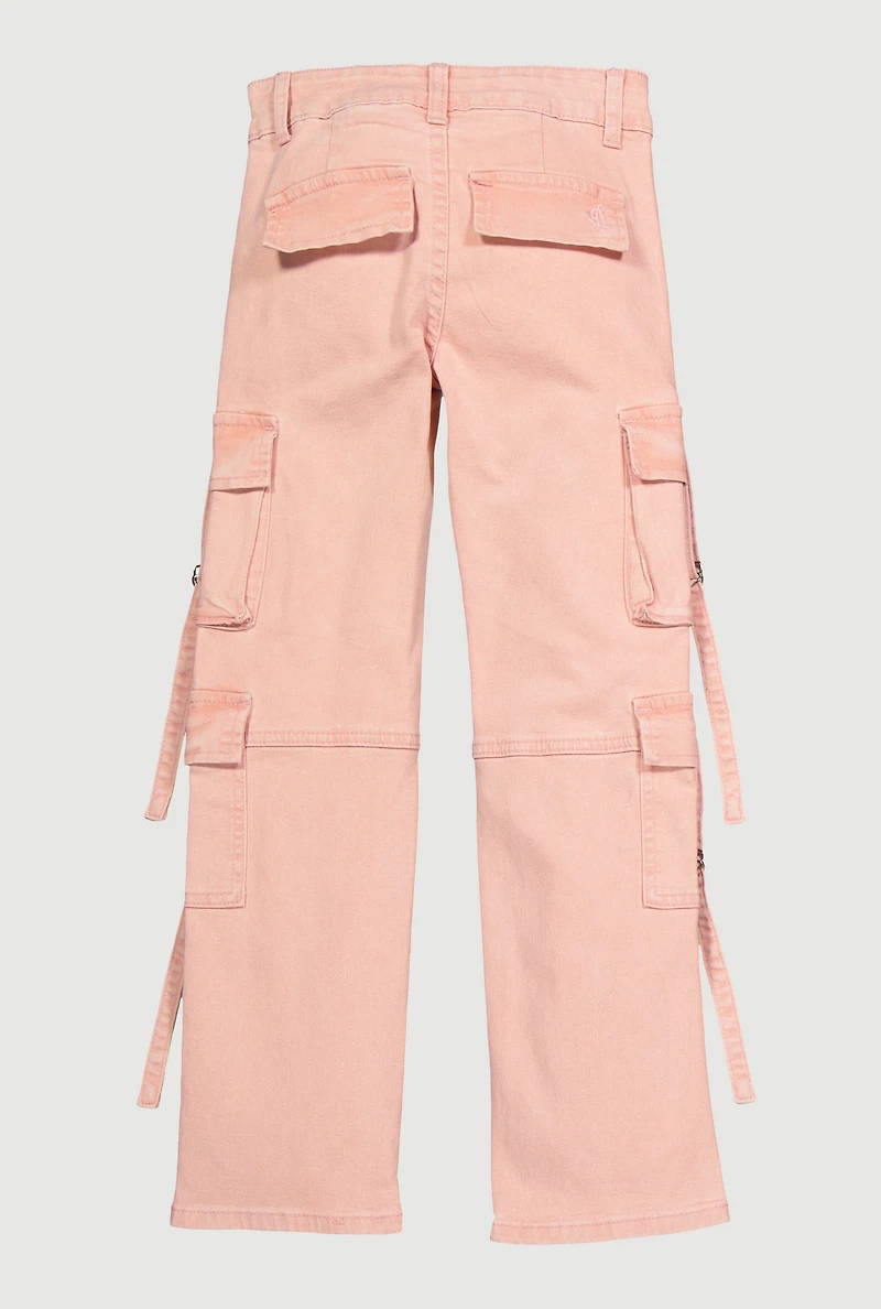Girls Acid Wash Straight Leg Cargo Pocket Jeans, Pink,