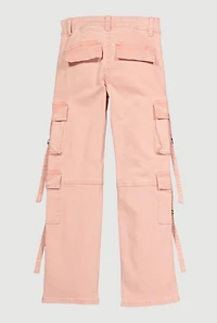 Girls Acid Wash Straight Leg Cargo Pocket Jeans, Pink,