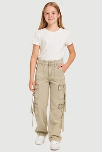 Girls Acid Wash Utility Jeans, Khaki, Size 10