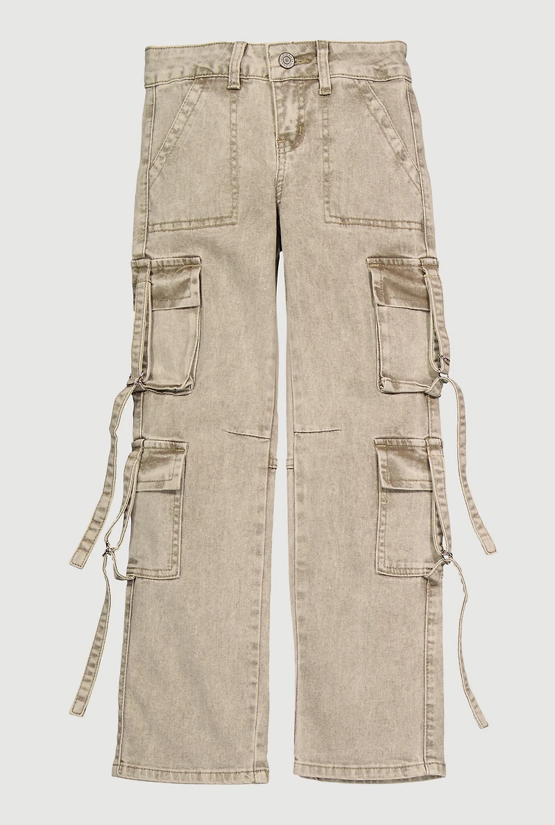 Girls Acid Wash Utility Jeans, Khaki, Size 10