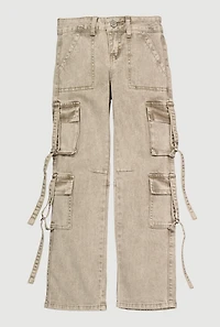 Girls Acid Wash Utility Jeans, Khaki, Size 10