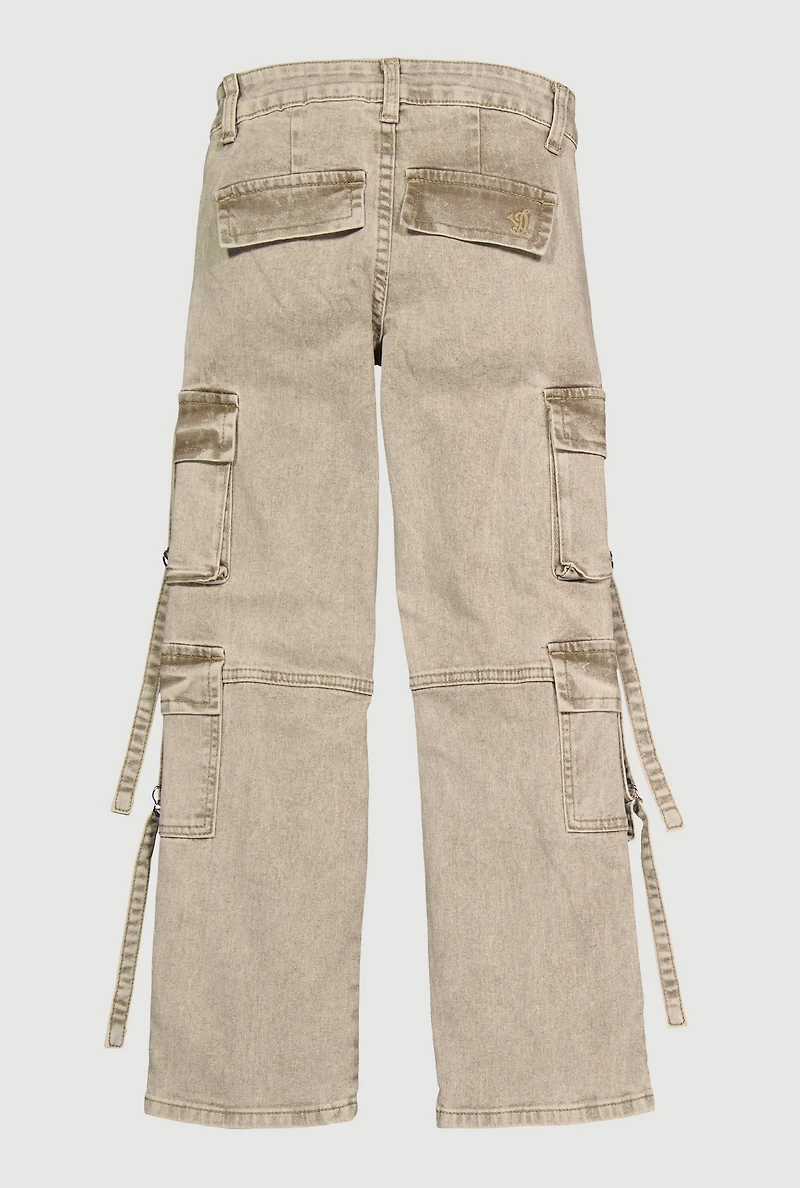 Girls Acid Wash Utility Jeans, Khaki, Size 10