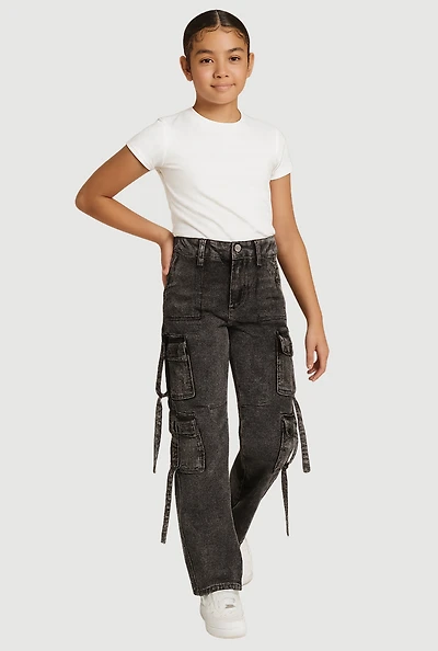 Girls Acid Wash Cargo Pocket Jeans, Grey, Size 12