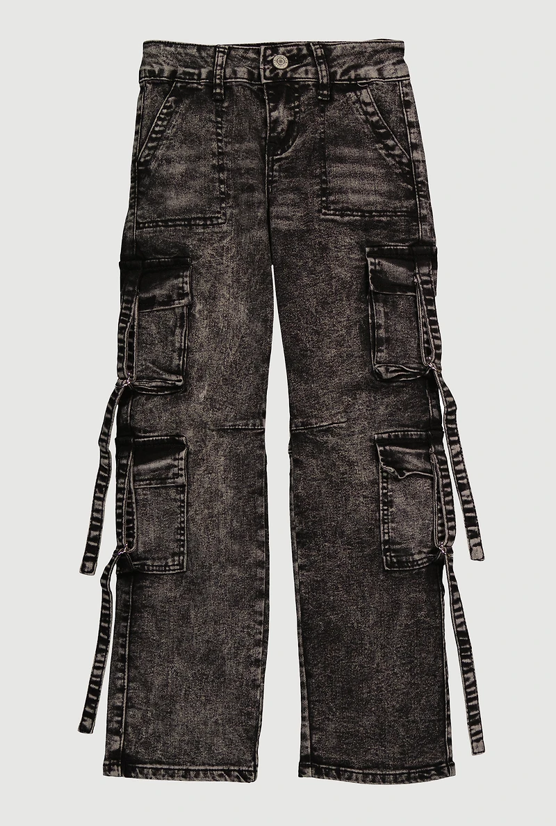 Girls Acid Wash Cargo Pocket Jeans, Grey, Size 12