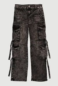 Girls Acid Wash Cargo Pocket Jeans, Grey, Size 12