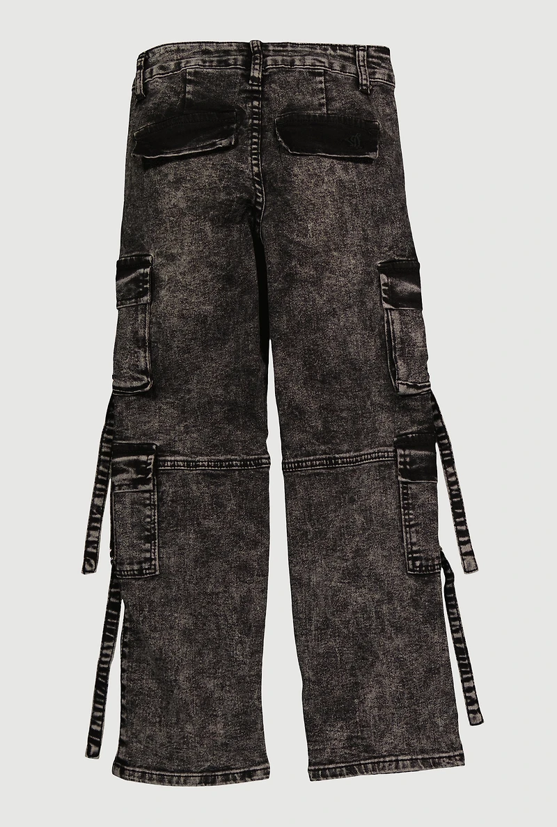 Girls Acid Wash Cargo Pocket Jeans, Grey, Size 12