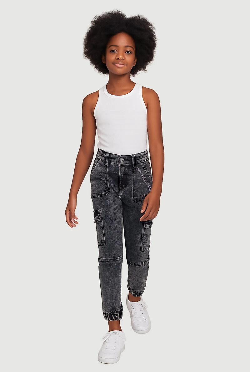 Girls Trendy Chain Detail Acid Wash Denim Cargo Joggers, Grey,
