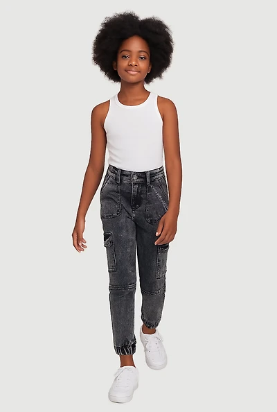 Girls Trendy Chain Detail Acid Wash Denim Cargo Joggers, Grey,