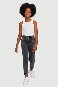 Girls Trendy Chain Detail Acid Wash Denim Cargo Joggers, Grey,