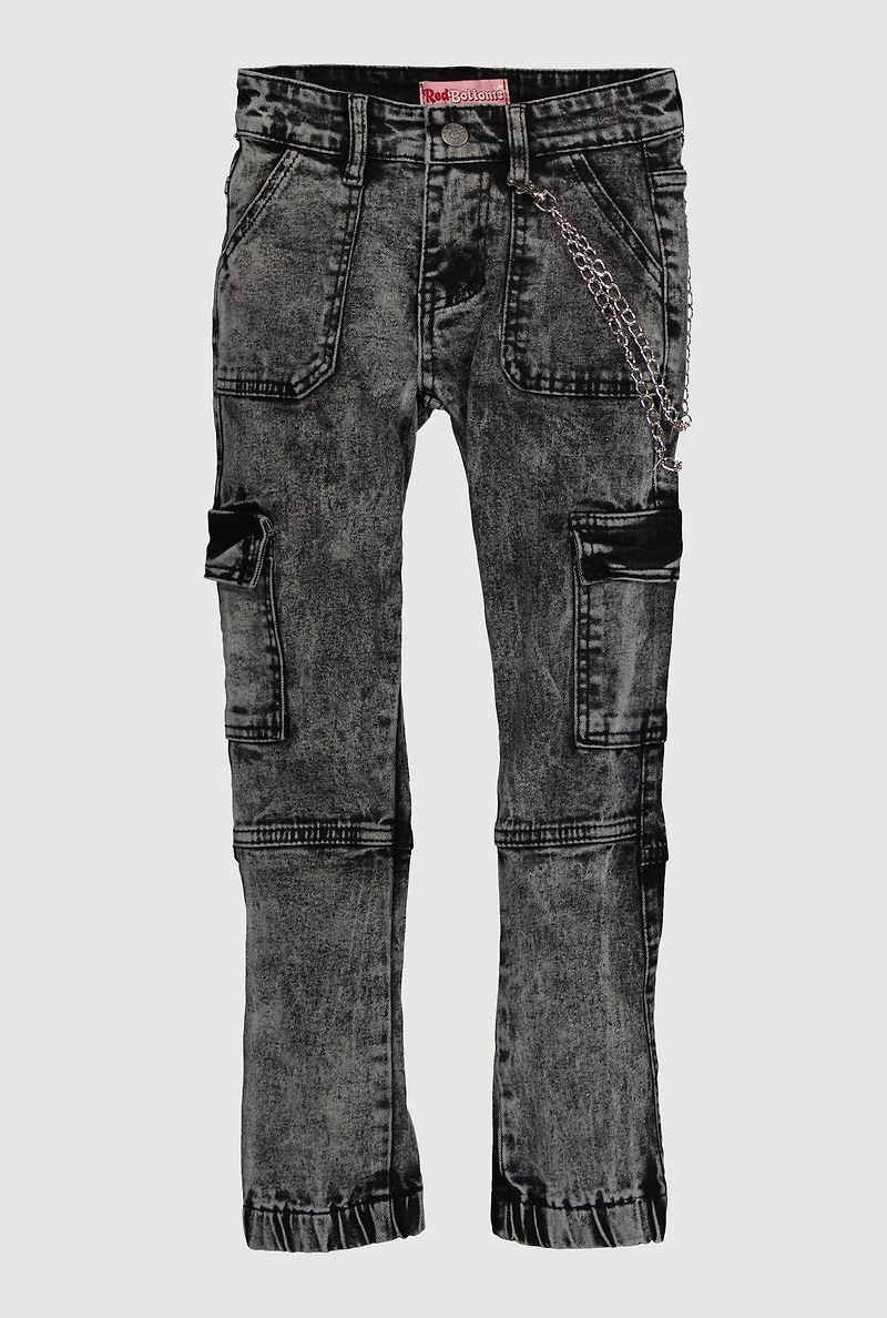Girls Trendy Chain Detail Acid Wash Denim Cargo Joggers, Grey,