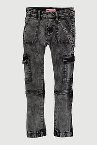 Girls Trendy Chain Detail Acid Wash Denim Cargo Joggers, Grey,