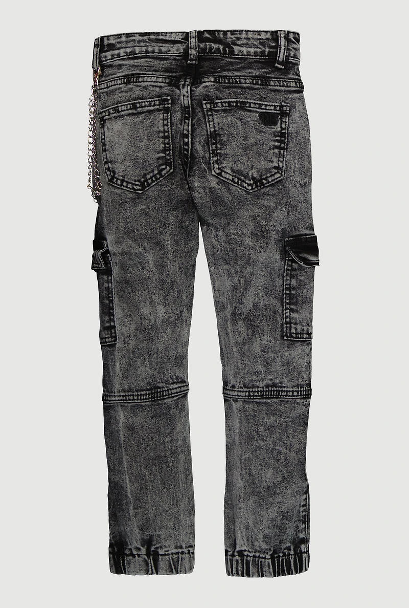 Girls Trendy Chain Detail Acid Wash Denim Cargo Joggers, Grey,
