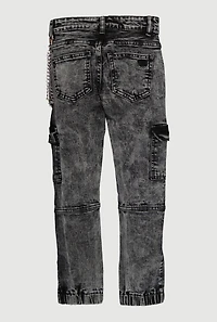 Girls Trendy Chain Detail Acid Wash Denim Cargo Joggers, Grey,