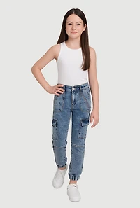 Girls Trendy Chain Detail Acid Wash Denim Cargo Joggers, Blue, Size 16