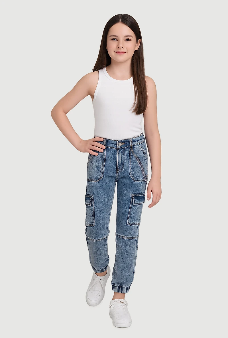 Girls Trendy Chain Detail Acid Wash Denim Cargo Joggers