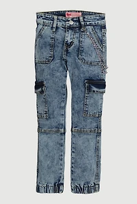 Girls Trendy Chain Detail Acid Wash Denim Cargo Joggers, Blue, Size 10
