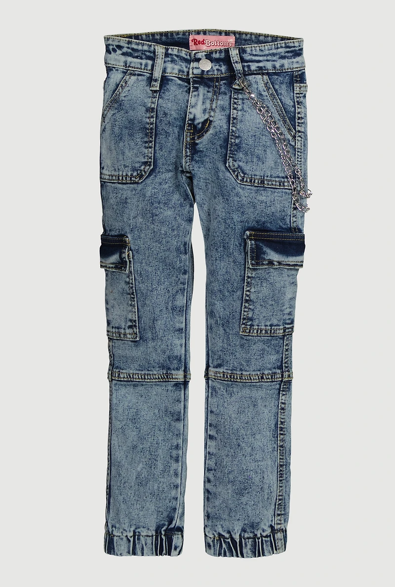 Girls Trendy Chain Detail Acid Wash Denim Cargo Joggers, Blue, Size 7