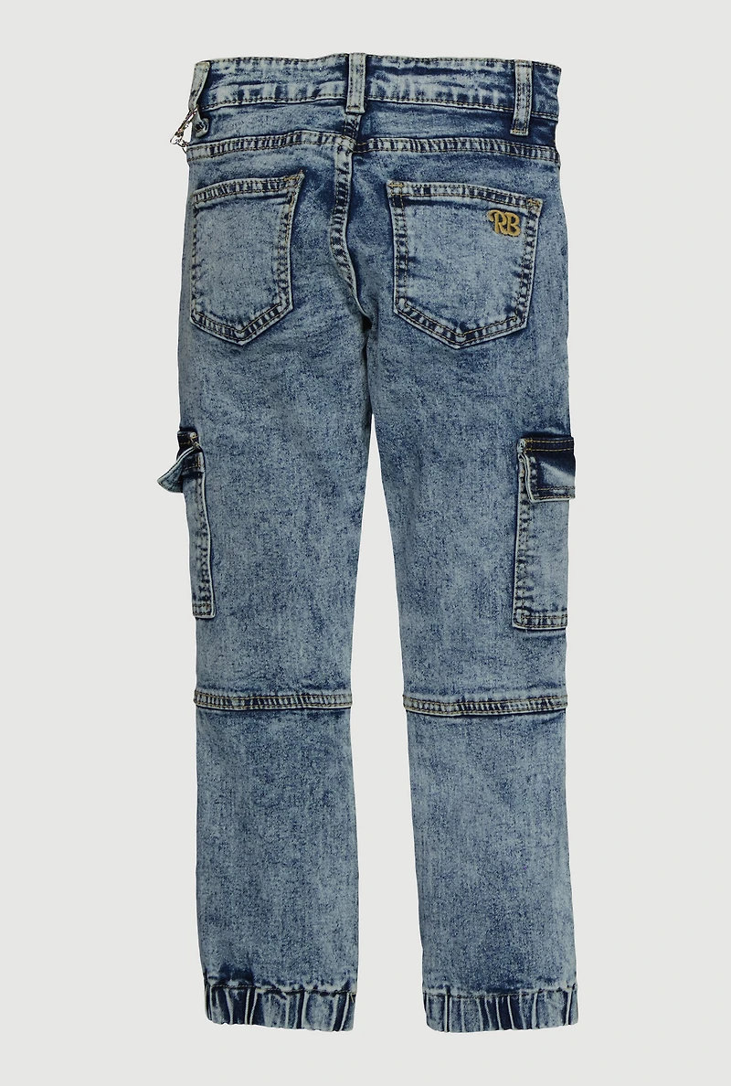 Girls Trendy Chain Detail Acid Wash Denim Cargo Joggers, Blue, Size 7