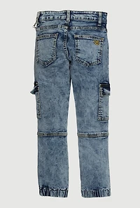 Girls Trendy Chain Detail Acid Wash Denim Cargo Joggers, Blue, Size 7