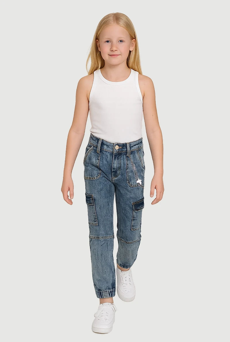 Girls Acid Wash Denim Cargo Joggers with Chain Detail, Blue,
