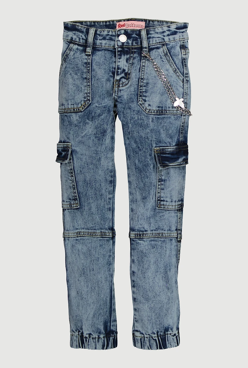 Girls Acid Wash Denim Cargo Joggers with Chain Detail, Blue,
