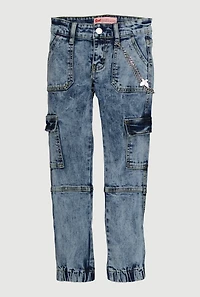 Girls Acid Wash Denim Cargo Joggers with Chain Detail, Blue,
