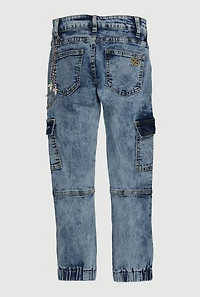 Girls Acid Wash Denim Cargo Joggers with Chain Detail, Blue,