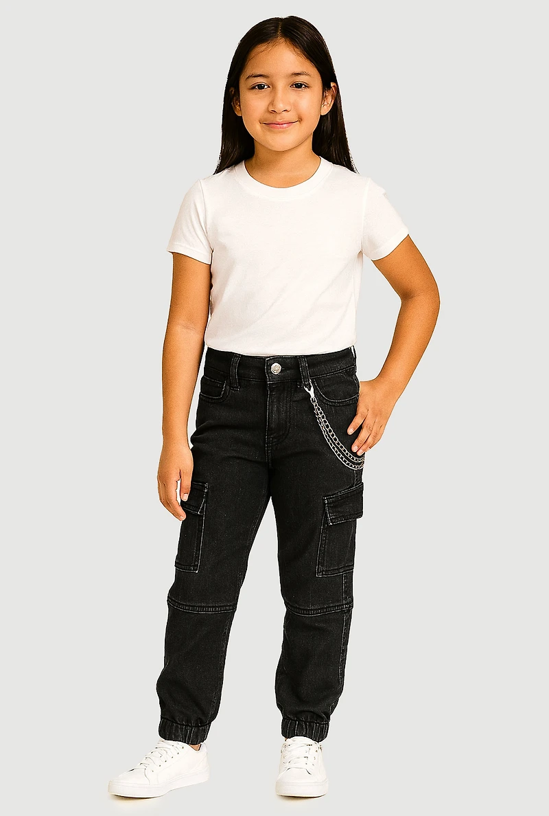 Girls Trendy Metallic Chain Detail Denim Joggers,