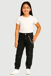 Girls Trendy Metallic Chain Detail Denim Joggers,