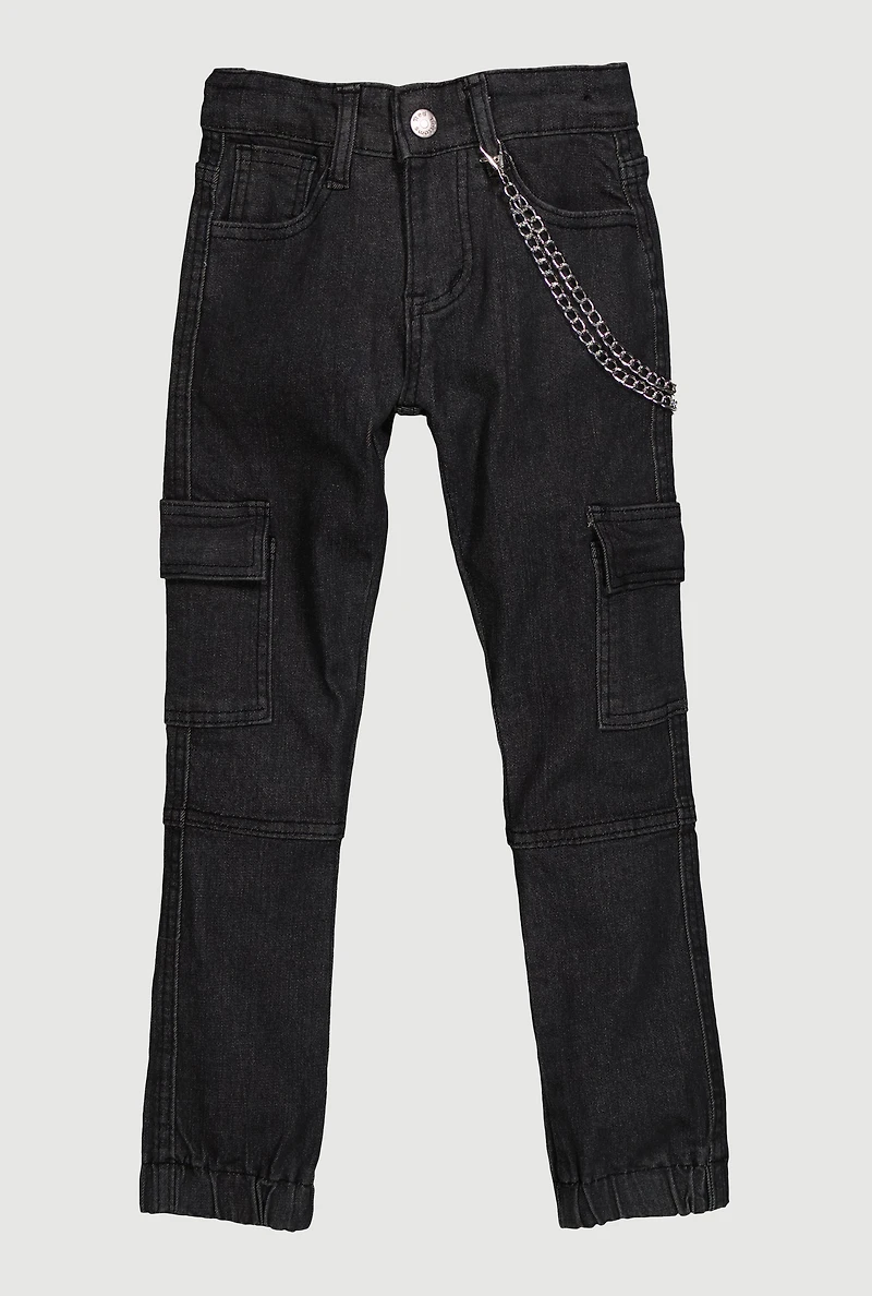 Girls Trendy Metallic Chain Detail Denim Joggers,