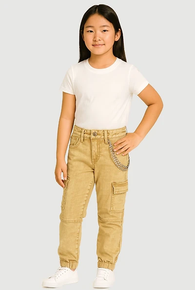 Girls Trendy Metallic Chain Detail Denim Joggers,