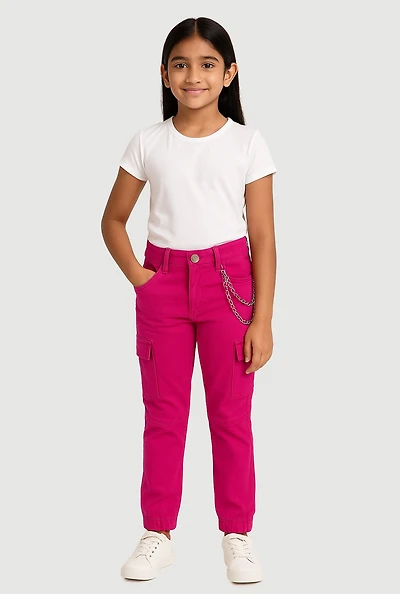 Girls Trendy Metallic Chain Detail Denim Joggers, Pink, Size 8