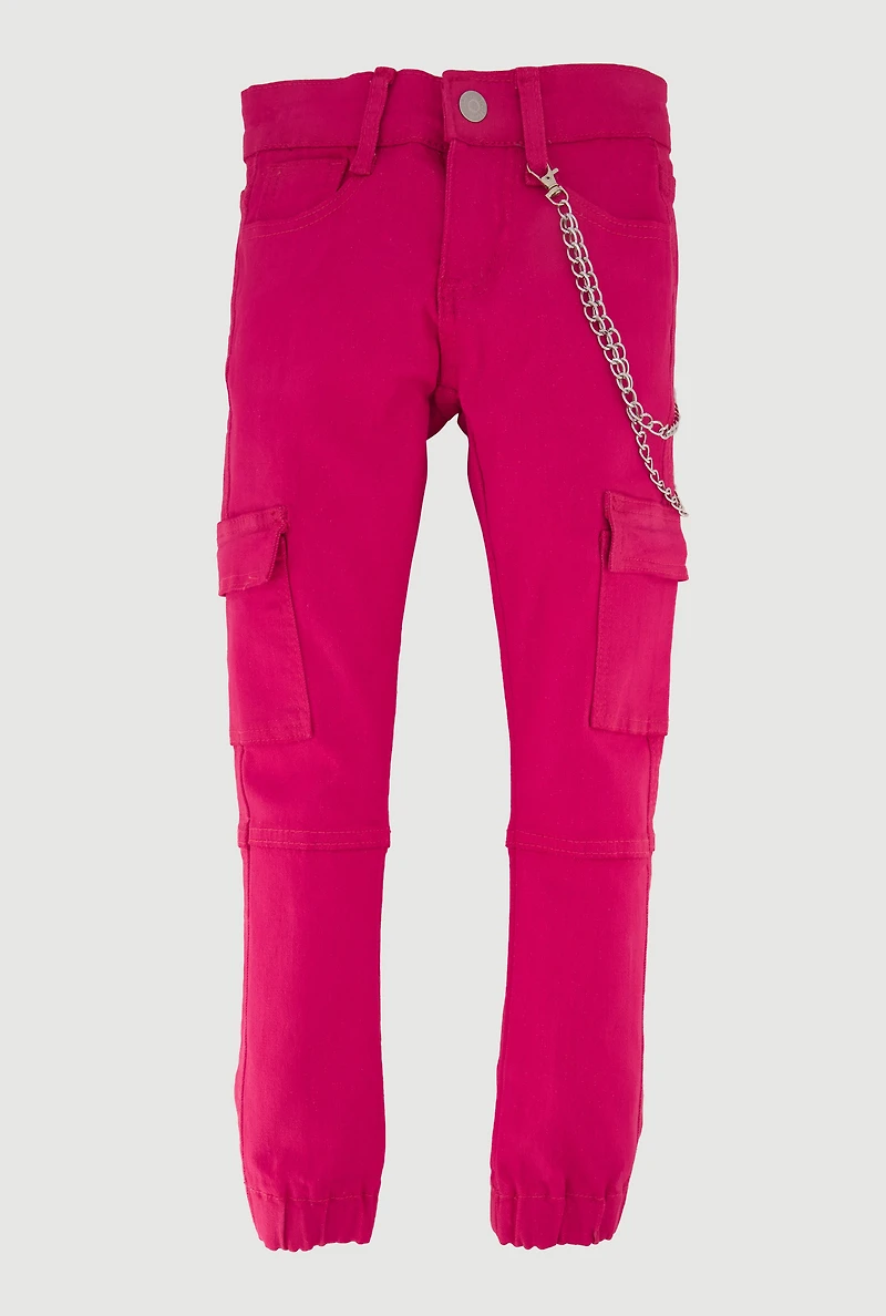 Girls Trendy Metallic Chain Detail Denim Joggers, Pink,
