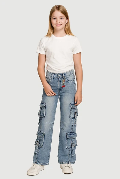 Girls Pull Tab Utility Jeans with Cherry Charm, Blue,