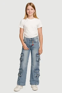 Girls Pull Tab Utility Jeans with Cherry Charm, Blue,
