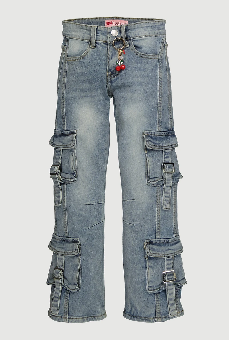 Girls Pull Tab Utility Jeans with Cherry Charm, Blue, Size 7