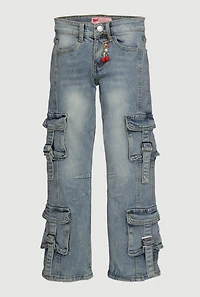 Girls Pull Tab Utility Jeans with Cherry Charm, Blue, Size 7