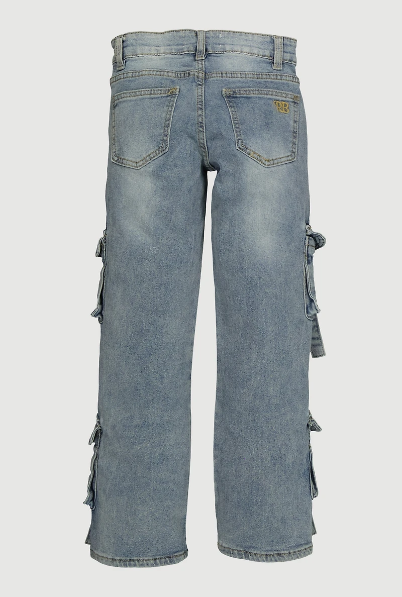 Girls Pull Tab Utility Jeans with Cherry Charm, Blue, Size 7