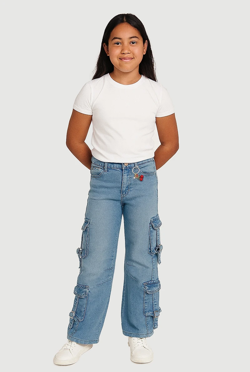 Girls Pull Tab Utility Jeans with Cherry Charm, Blue,