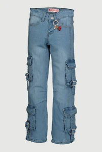 Girls Pull Tab Utility Jeans with Cherry Charm, Blue,
