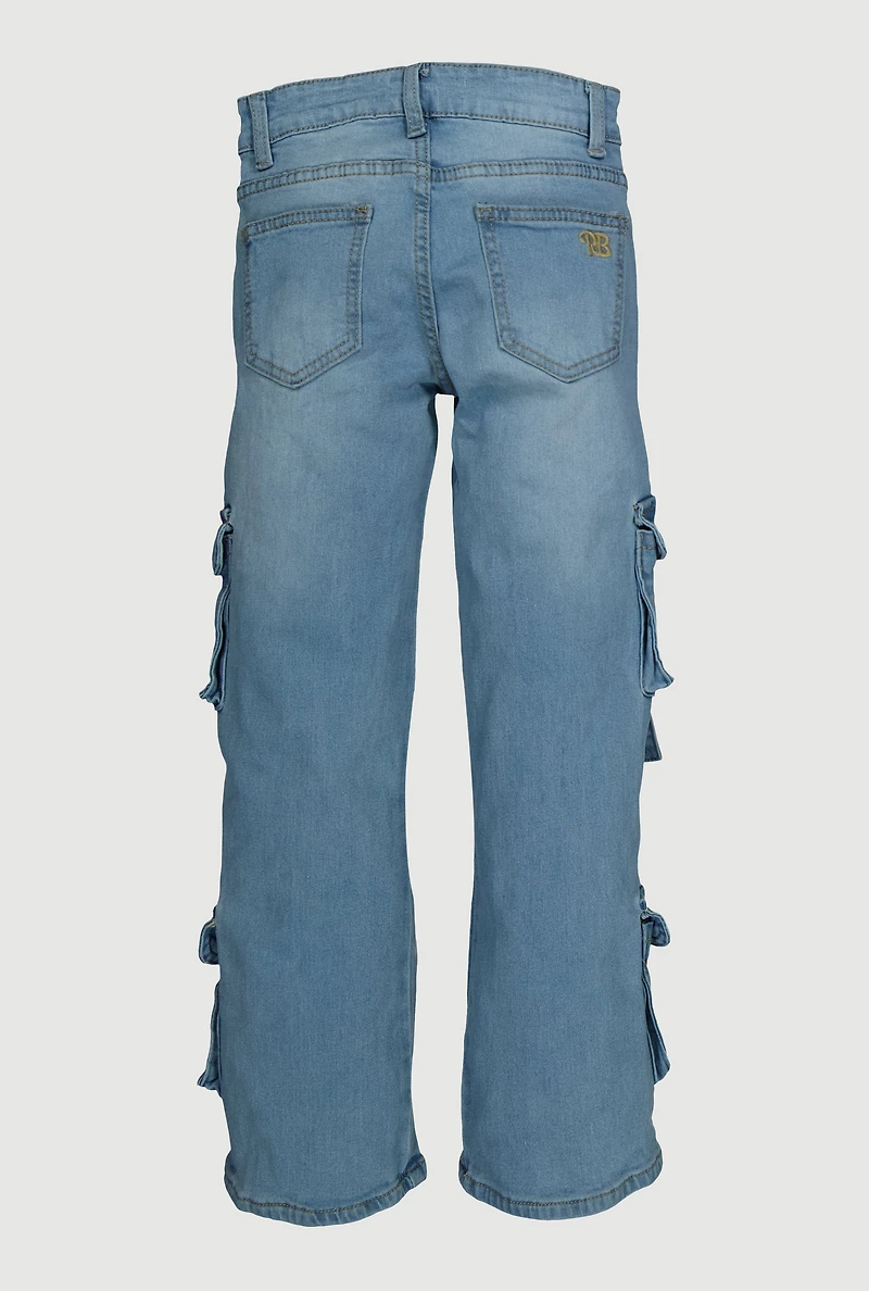 Girls Pull Tab Utility Jeans with Cherry Charm, Blue,